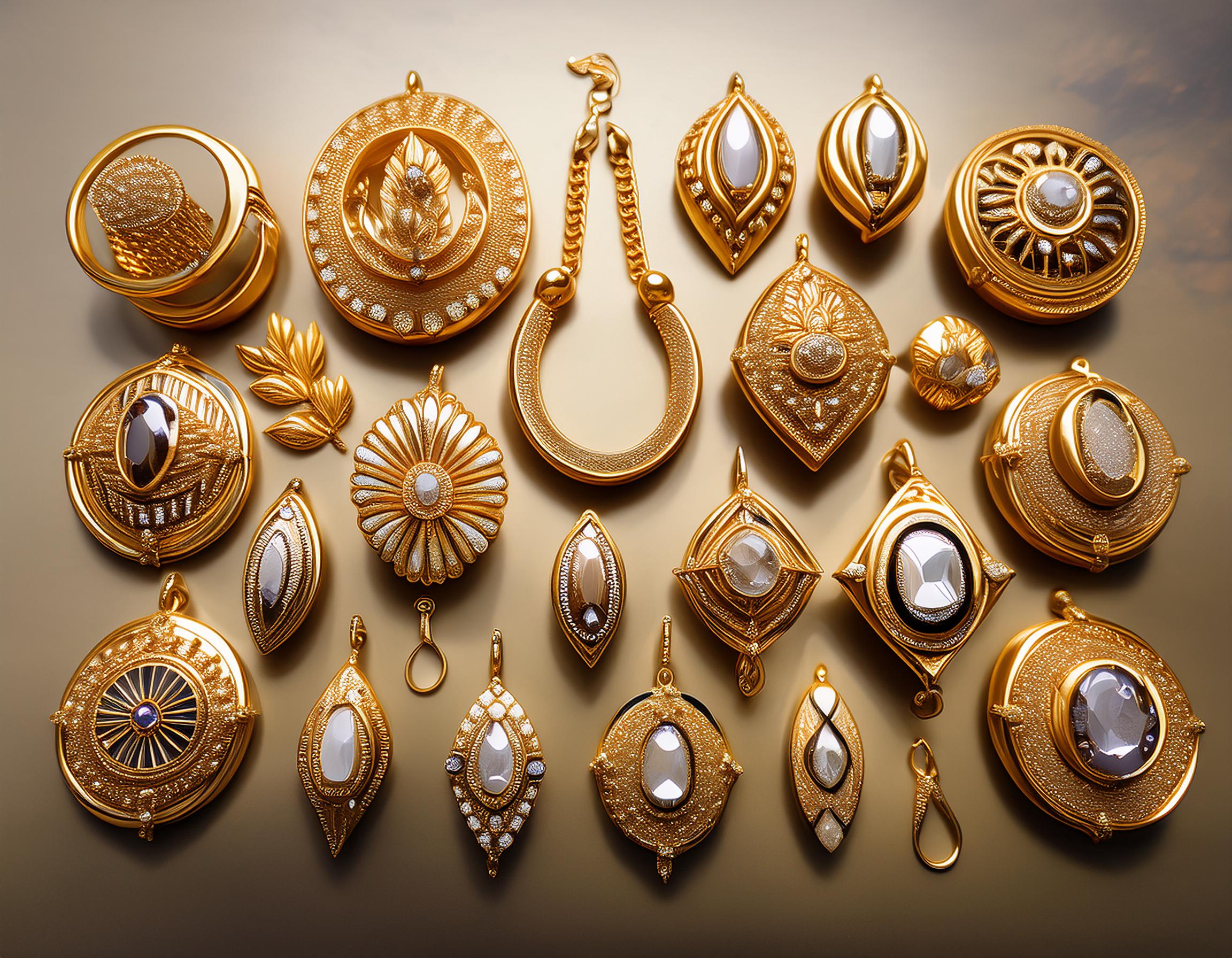 Generate an image featuring a collection of beautifully crafted gold jewelry pieces, including earri (1)