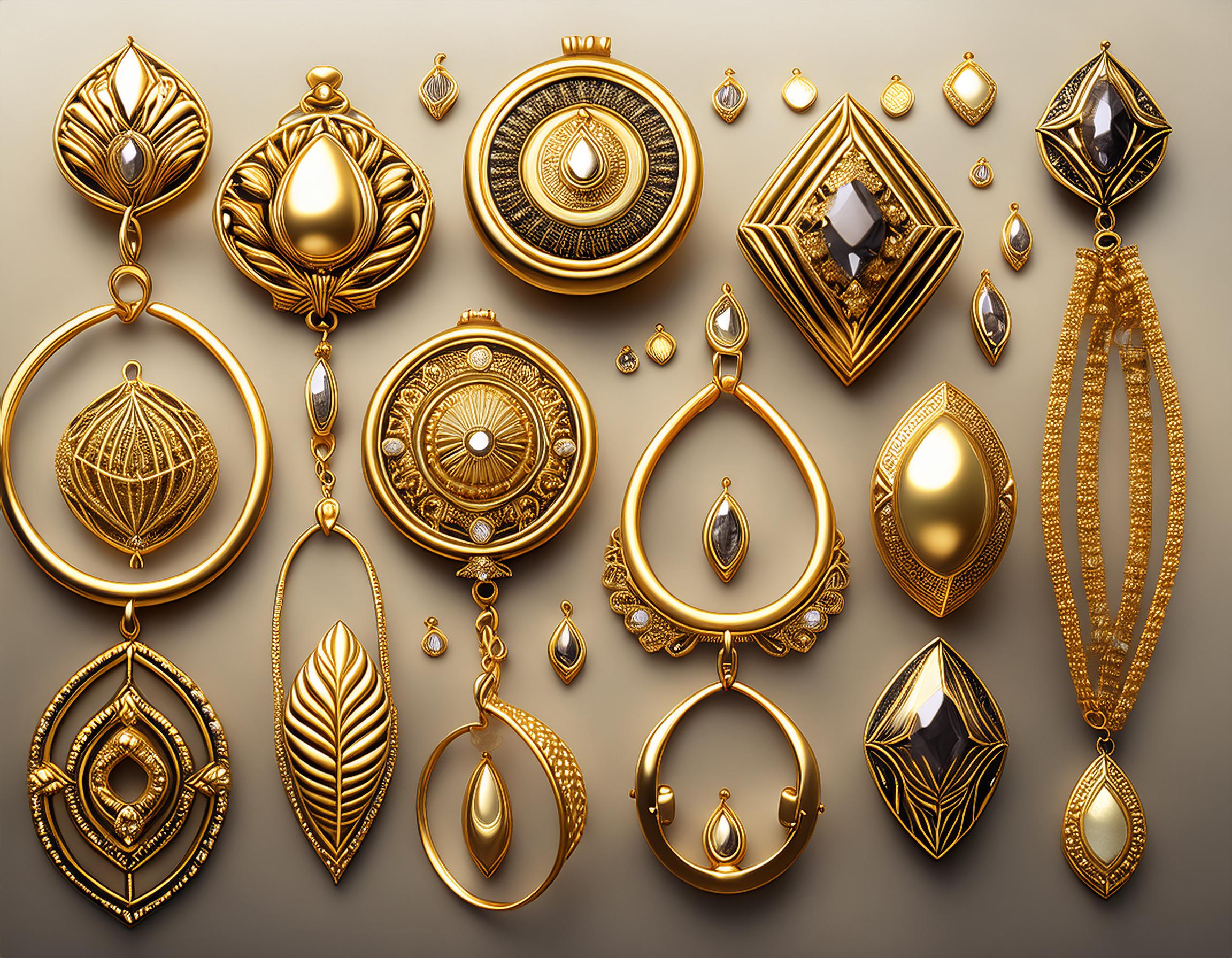 Generate an image featuring a collection of beautifully crafted gold jewelry pieces, including earri (2)