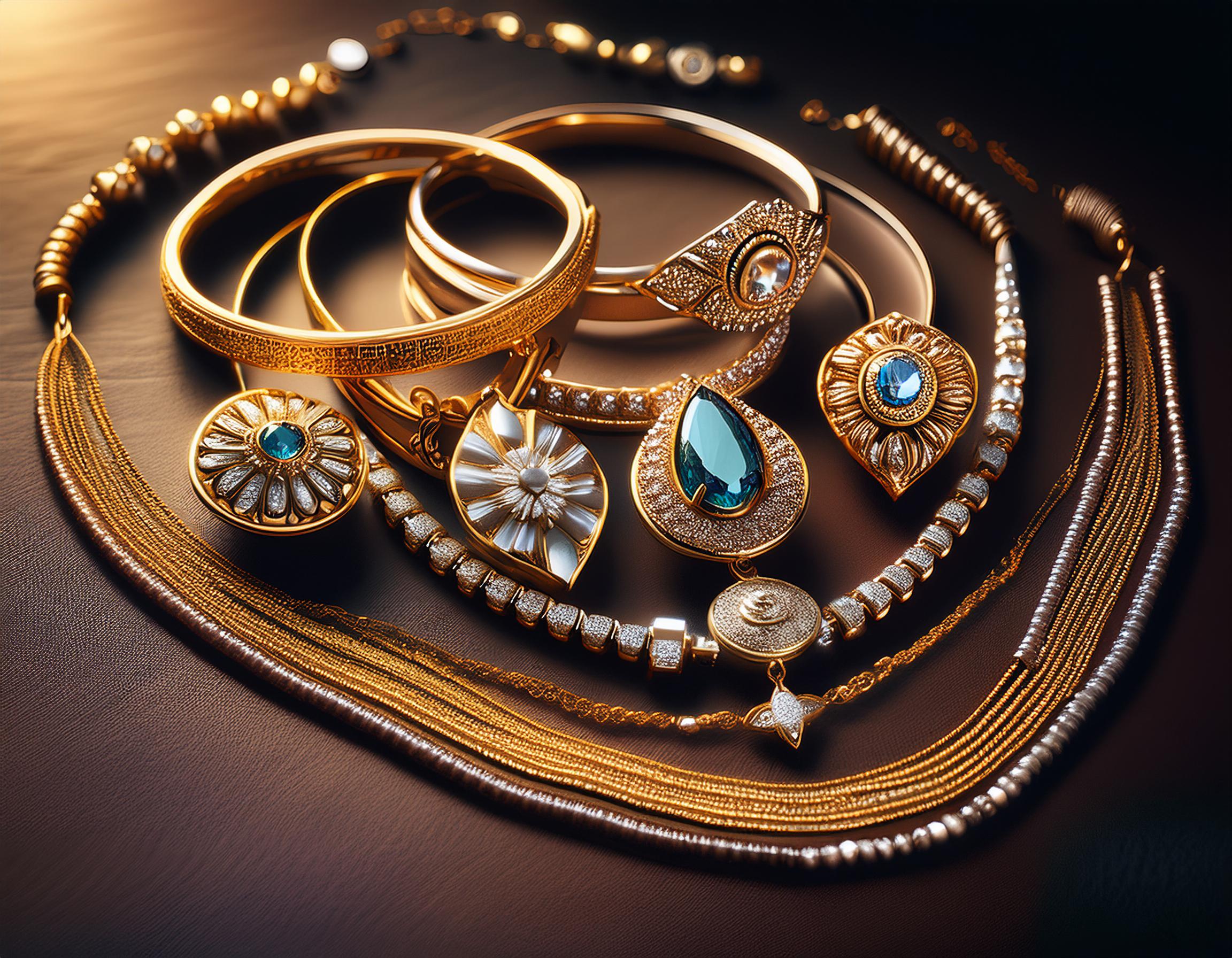 Generate an image featuring some of the most exquisite pieces crafted by Meghna Jewellers