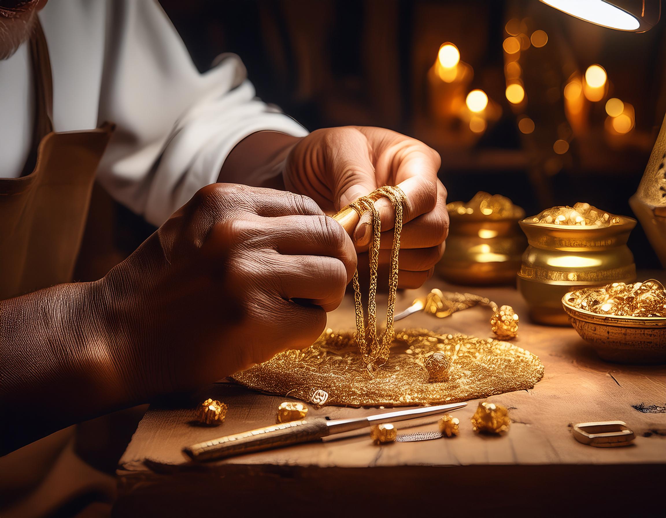 Generate an image showcasing skilled artisans meticulously crafting gold jewelry (1)