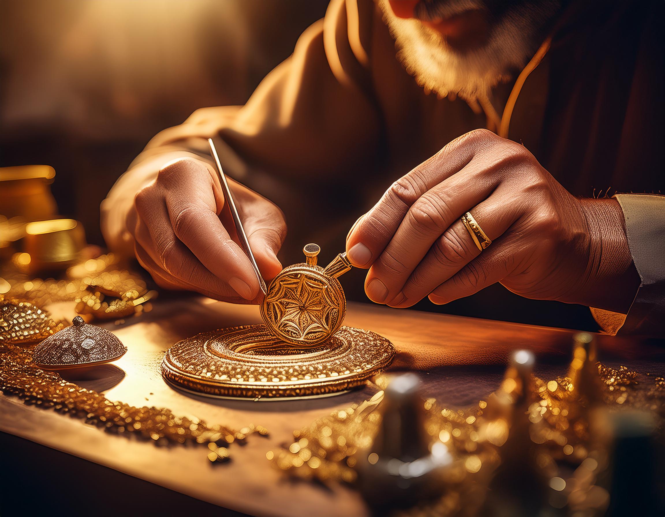 Generate an image showcasing skilled artisans meticulously crafting gold jewelry (2)