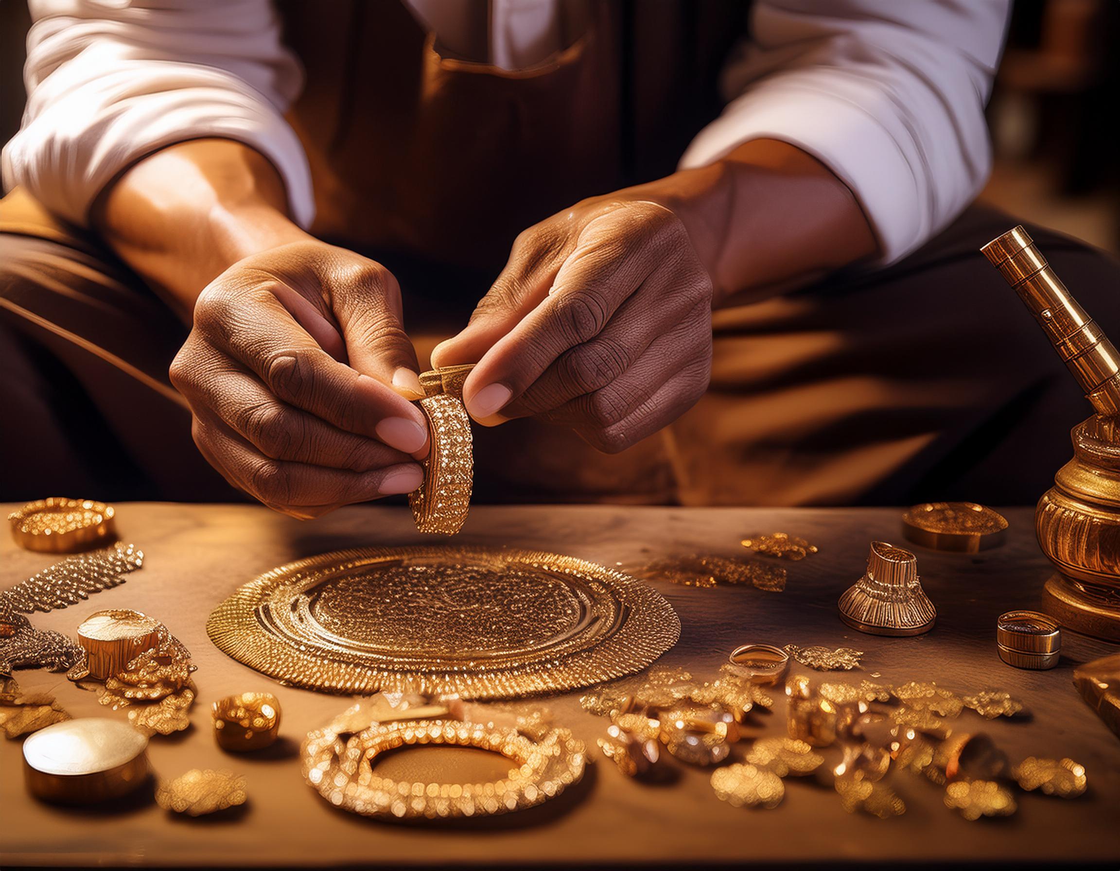 Generate an image showcasing skilled artisans meticulously crafting gold jewelry (3)